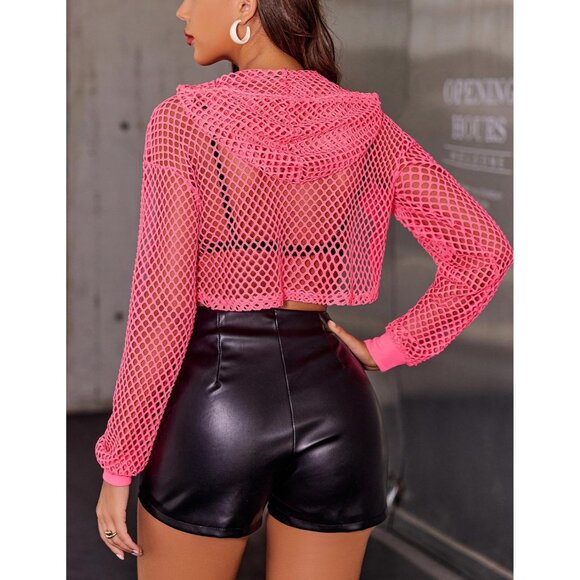 🆕Women’s Pink Polyester Mesh Hoodie Crop Top Long Sleeve Fishnet Shirt - Picture 6 of 6